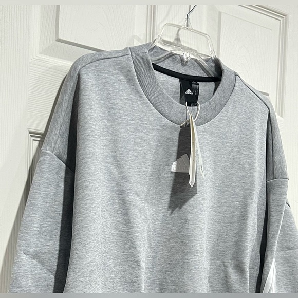 adidas Women's M Medium Future Icons 3-Stripes Crew Sweatshirt Grey White NWT - Picture 2 of 14